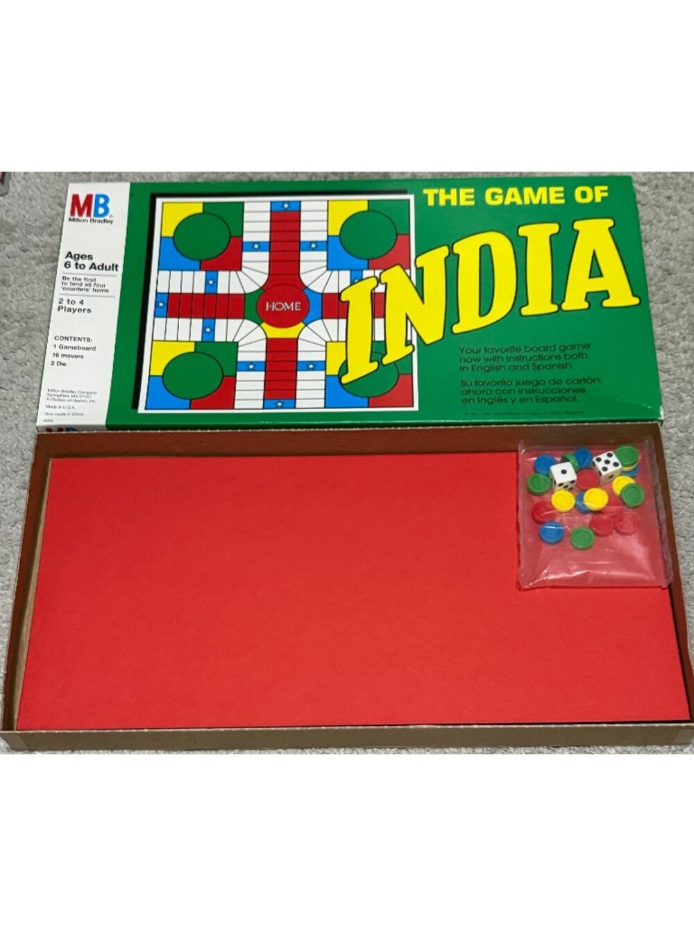 The Game of India Vintage Milton Bradley Open Box W/ Pieces & Dice Made In USA